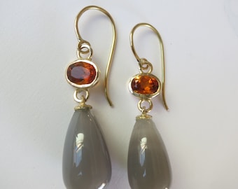 Lange Ohrringe Gelbgold Madeira Citrin Grauer Achat