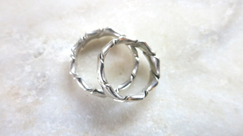 Op de afbeelding: Twee zilveren ringen met een gedraaid, getextureerd ontwerp. De ringen zijn in elkaar gehaakt en lijken van metaal te zijn.