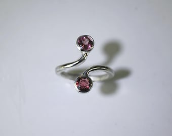 Open ring in silver and 2 red and pink tourmalines