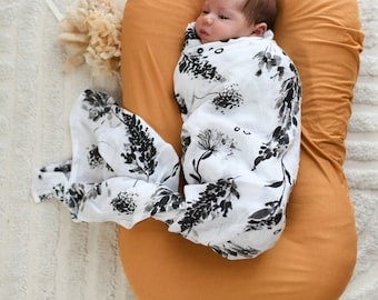Heritage Blooms Bamboo MUSLIN Swaddle wrap monochrome