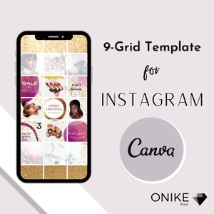 Könnte beinhalten: Eine 9-Raster-Vorlage für Instagram, die auf einem Smartphone-Bildschirm angezeigt wird. Die Vorlage enthält eine Vielzahl von Bildern, darunter ein Frauen Gesicht, Make-up-Pinsel und Text, der "SALE" und "ONIKE LIFESTYLE" lautet.