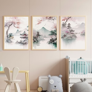 Japanese wall art set of 3 poster prints, set of 3 landscape art prints