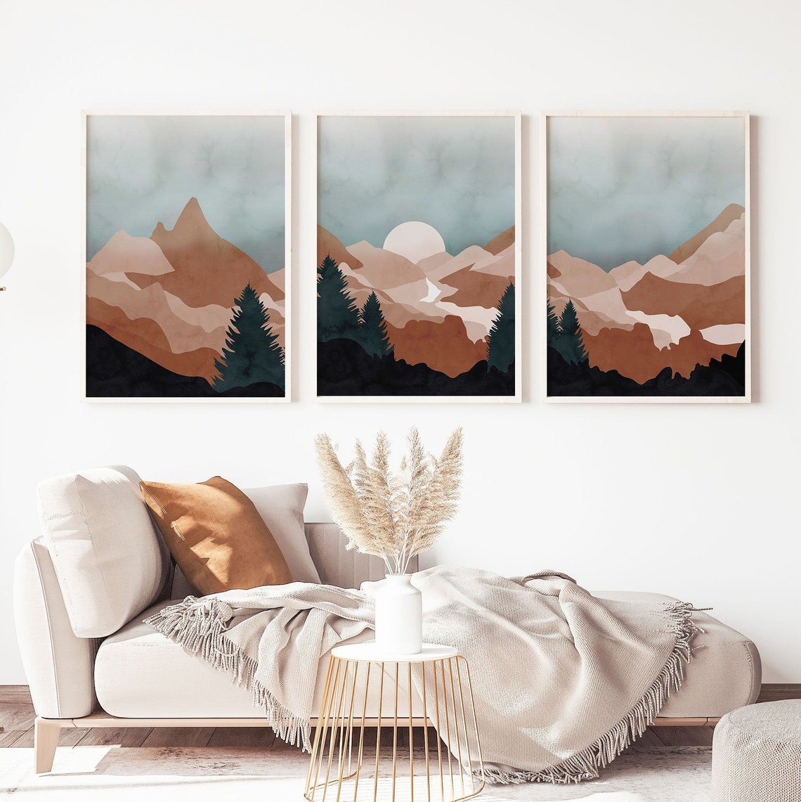 Boho Mountain Wall Art Mountain Wall Art Set 3 Mountain Art Etsy