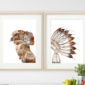 native americans wall art, native americans art, set of 2 boho print, boho prints set of 2, native headress