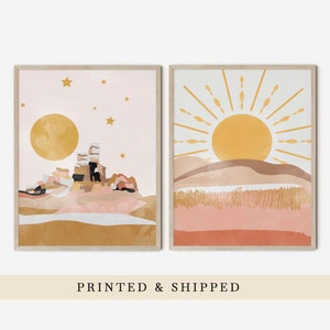 Sun and moon wall art, modern boho wall art print set, Sun boho nursery, sun boho wall art, set of 2 boho wall art