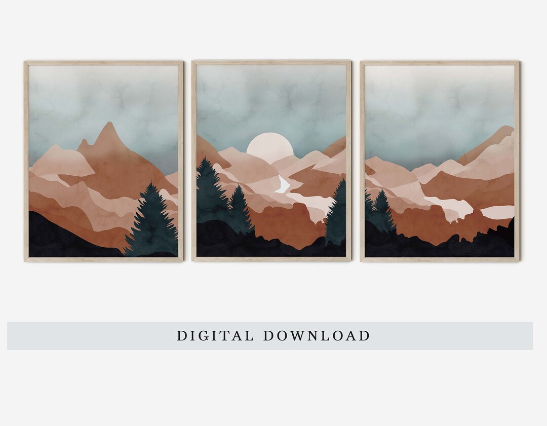 Mountain Wall Art Set 3 Modern Mountain Art Boho Gallery Etsy
