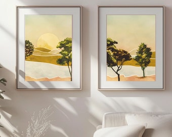 Abstract landscape print wall art set of 2 bedroom prints, Boho wall art set