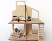 Mini-house, wooden modern doll's house flat-packed with a furniture kit to play with little dolls measuring between 7 and 10 cm. 
