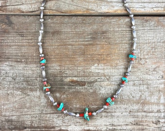 Navajo (Diné) Beaded Necklace with Coral and Turquoise