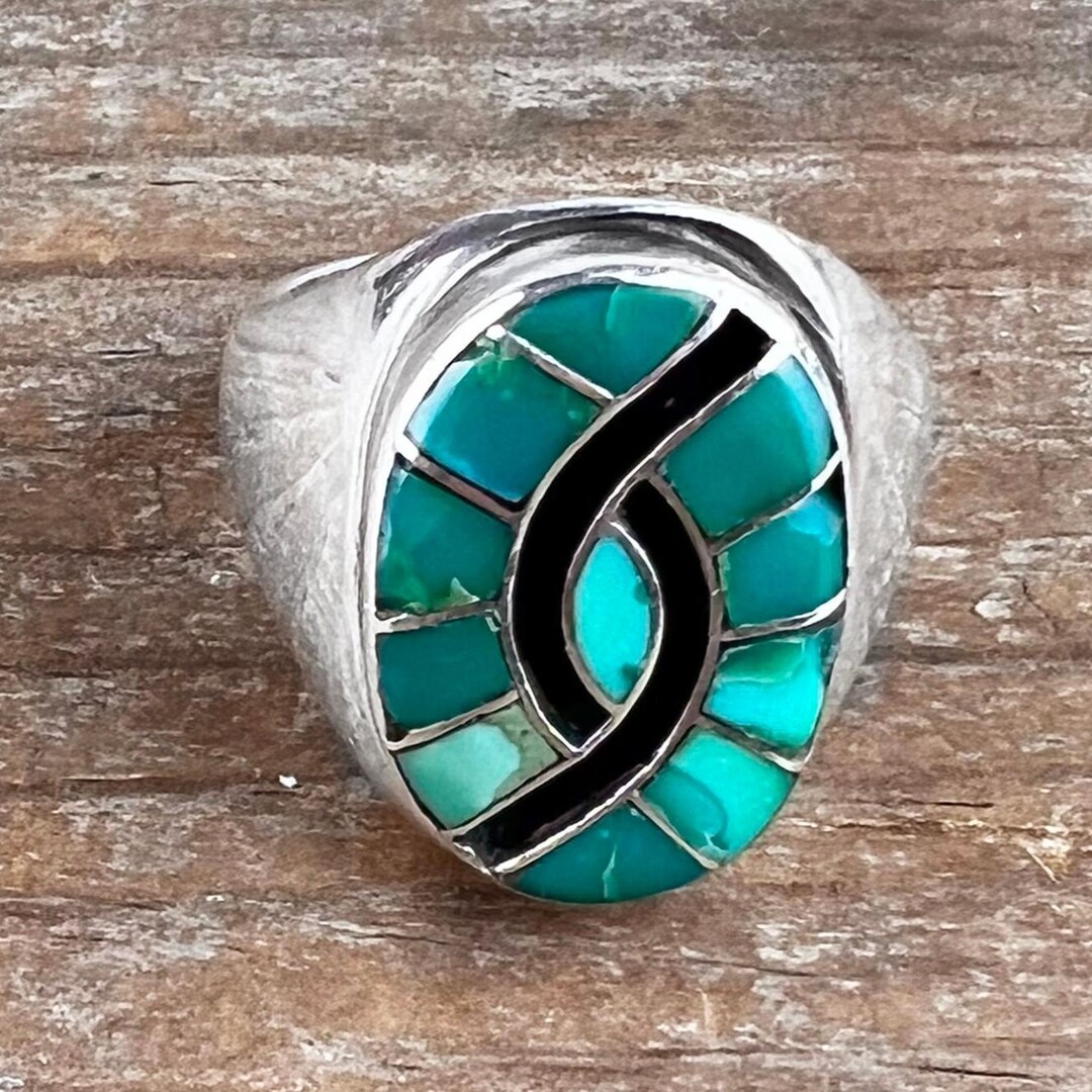 Zuni Turquoise and Silver Channel Inlay Ring by Elaine Bobelu - Etsy