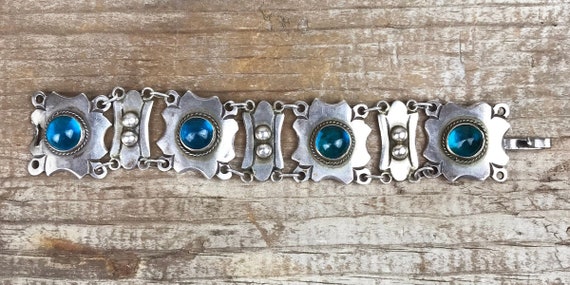 1930 Mexican Silver and Blue Glass Link Bracelet - image 1