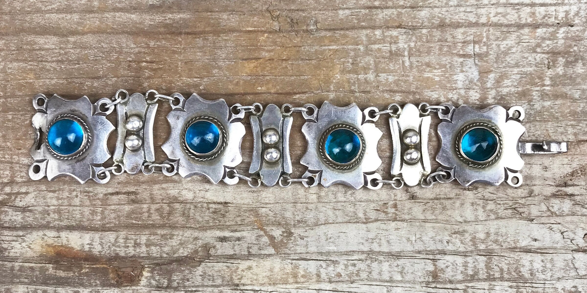 1930 Mexican Silver and Blue Glass Link Bracelet