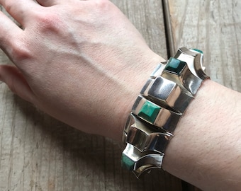 Sterling Silver and Malachite Chip architectural Bracelet