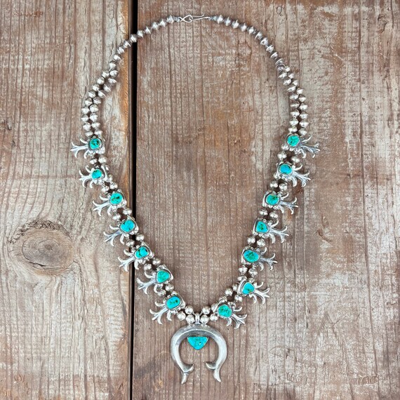 Navajo Sandcast Silver and Turquoise Squash Blossom Necklace