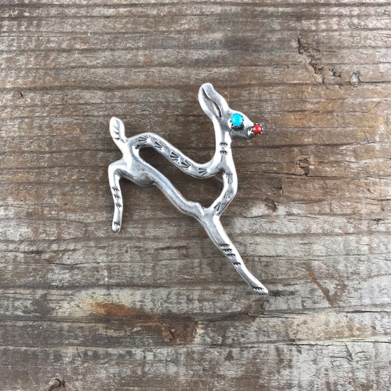 Navajo Sterling Silver Leaping Dear Pin With Turquoise and Coral