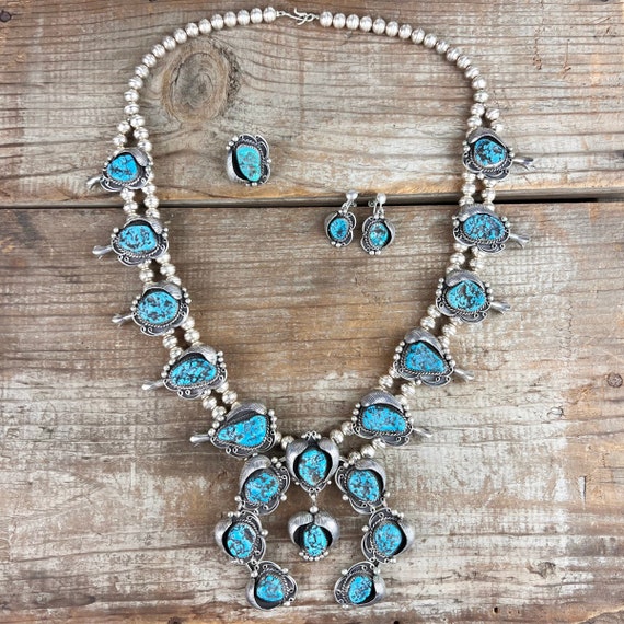 Kingman Turquoise Squash Blossom Necklace Set wit… - image 1