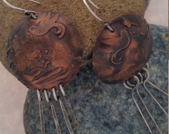 Embossed & Textured, Hammered Domed, Bohemian Chic, Copper and Sterling Silver Earrings