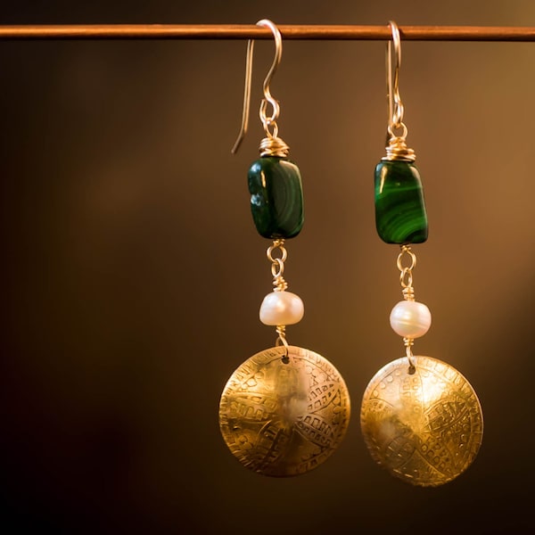 Malachite & Etched Brass Dangle Earrings, Tribal Inspired, Artisan Jewelry, Handmade Brass Earrings, Zendala on Metal,Pretty Dangle Earrings