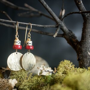Brass and Bamboo Dangle Earrings, Hammered Brass Medallion with Red Bead and Bone Bead, Asian Inspired Earrings