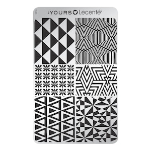May include: A black and white nail stamping plate with six different geometric designs. The plate is made of metal and has the text ":YOURSO Lecenté" and "CD103" printed on it.