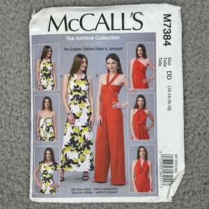 May include: McCall's sewing pattern M7384 featuring The Endless Options Dress & Jumpsuit. The pattern includes multiple dress and jumpsuit styles. The cover shows images of the finished garments, including a long dress with a floral print and a red jumpsuit.