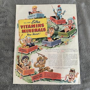 May include: Vintage advertisement for Ovaltine featuring cartoon characters in toy wagons representing vitamins and minerals. The ad includes text promoting Ovaltine as a source of essential nutrients for good health. The color palette includes yellow, red, blue, and brown.