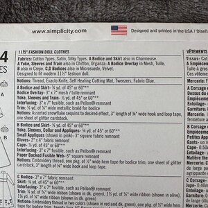 May include: A close-up of a sewing pattern for 11 1/2 inch fashion doll clothes. The pattern includes instructions for a bodice, skirt, yoke, sleeves, and train. The pattern also lists required fabrics and notions.