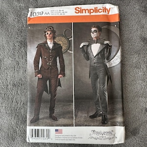 May include: Simplicity sewing pattern featuring two costume designs. One is a brown steampunk-style outfit with goggles, and the other is a black and white skeleton-themed suit. The pattern includes sizes U.S. 38-44 and Euro 48-54.