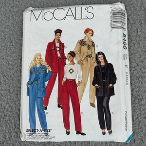 May include: A vintage McCall's sewing pattern packet featuring illustrations of women's suits and separates. The packet displays various outfits in red, blue, black, and tan. The pattern number is 8466, and the size is E (14, 16, 18).