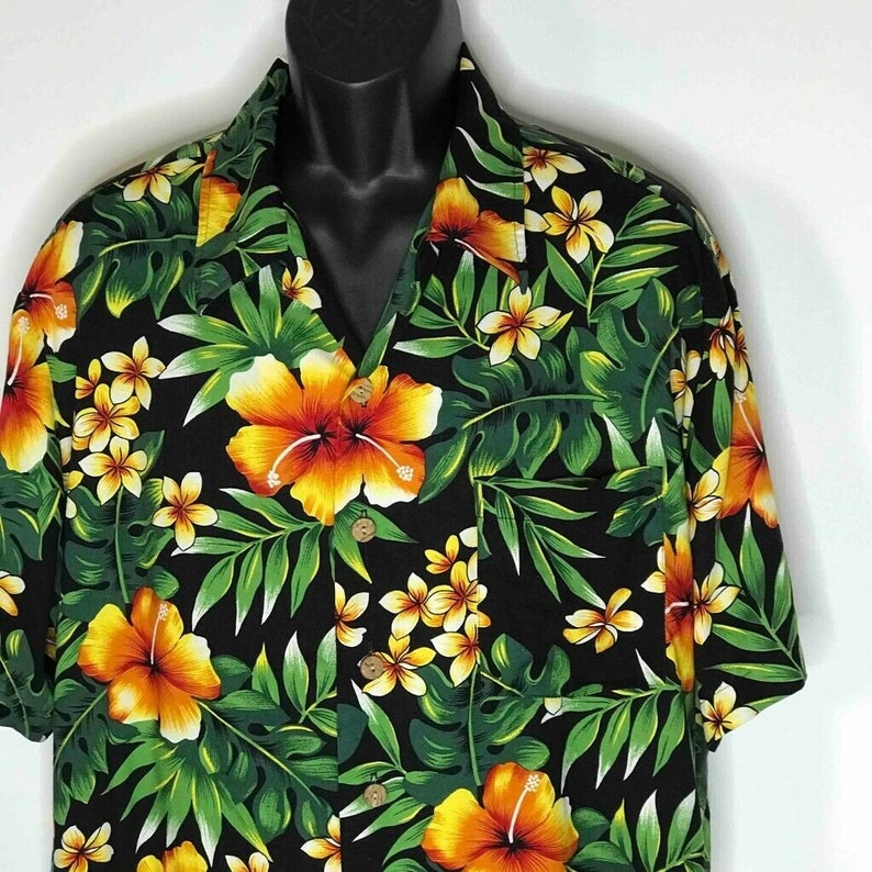 Kennington LTD California Mens Hawaiian Shirt Black Yellow Floral Button Up XL