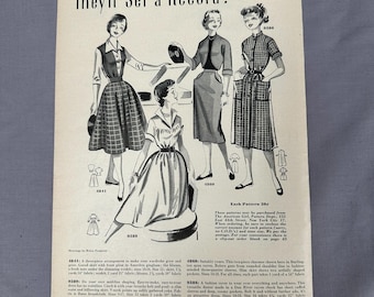 Patrón de costura vintage de 1955 para publicidad de vestidos de ilustración de moda de mediados de siglo de los años 50