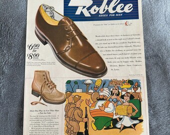 1944 Roblee Shoes for Men Brown Oxfords WWII Cartoon Vintage Print Ad