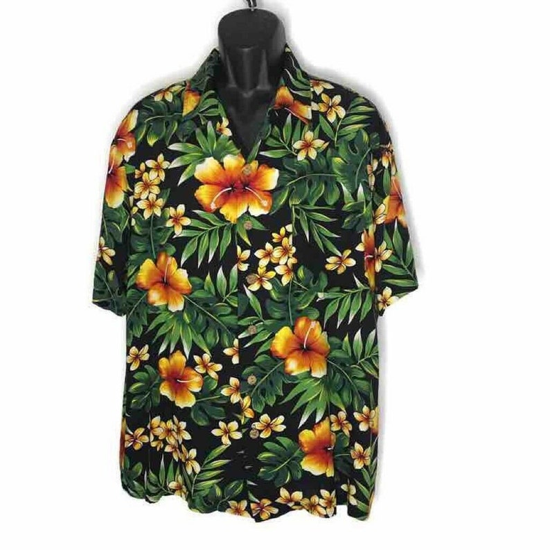 Kennington LTD California Mens Hawaiian Shirt Black Yellow Floral Button Up XL