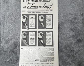 Anuncio impreso vintage de zapatos de lona Hood de 1936, publicidad de una empresa de calzado y caucho.