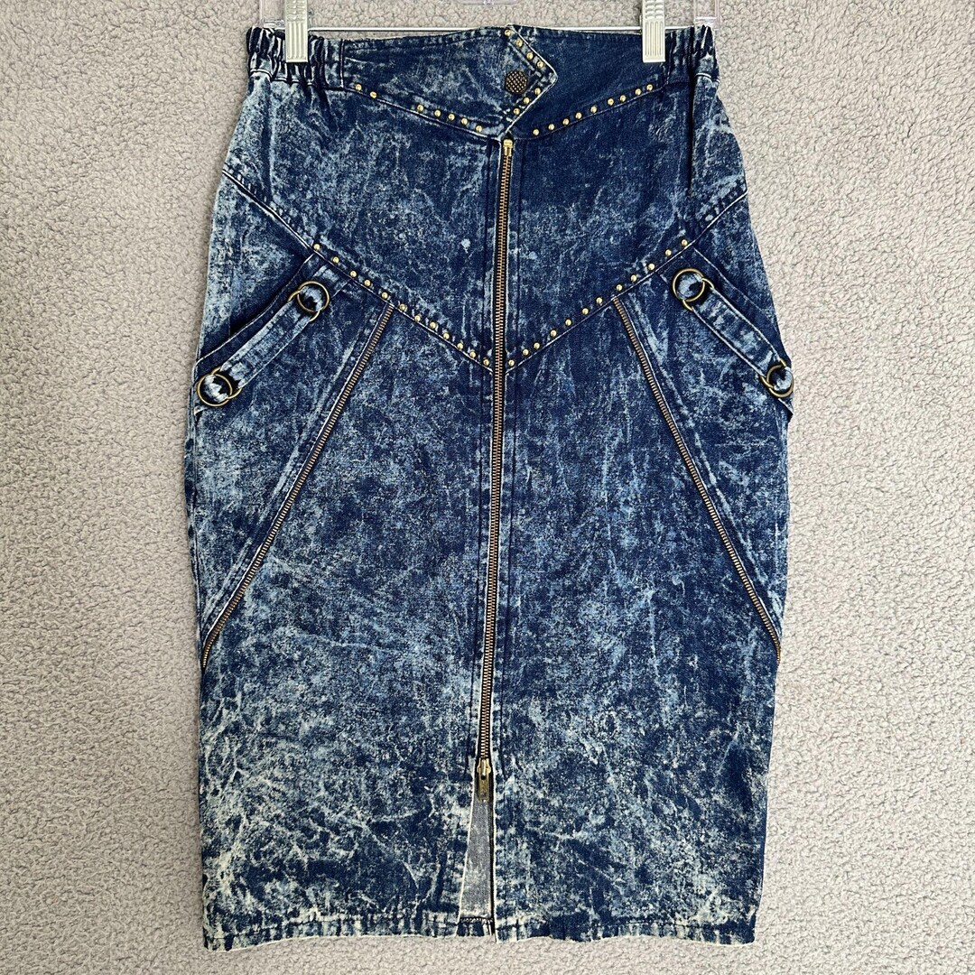 SLATE ACID 90S CARGO POCKET COLUMN DENIM SKIRT