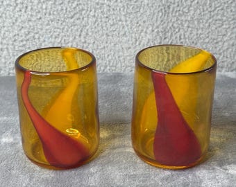 Art Glass Tumblers Amber Yellow Red Swirls Barware Drinkware Set of 2 Hand Blown