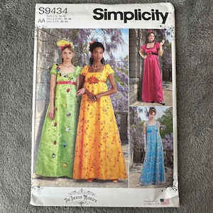 May include: Simplicity sewing pattern S9434 showing four long dress designs. The dresses are in green, yellow, pink, and blue. The pattern includes sizes 10-18.