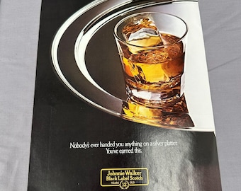 Vintage Johnnie Walker Black Label Scotch Print Ad Bar Garage Decor Man Cave Art