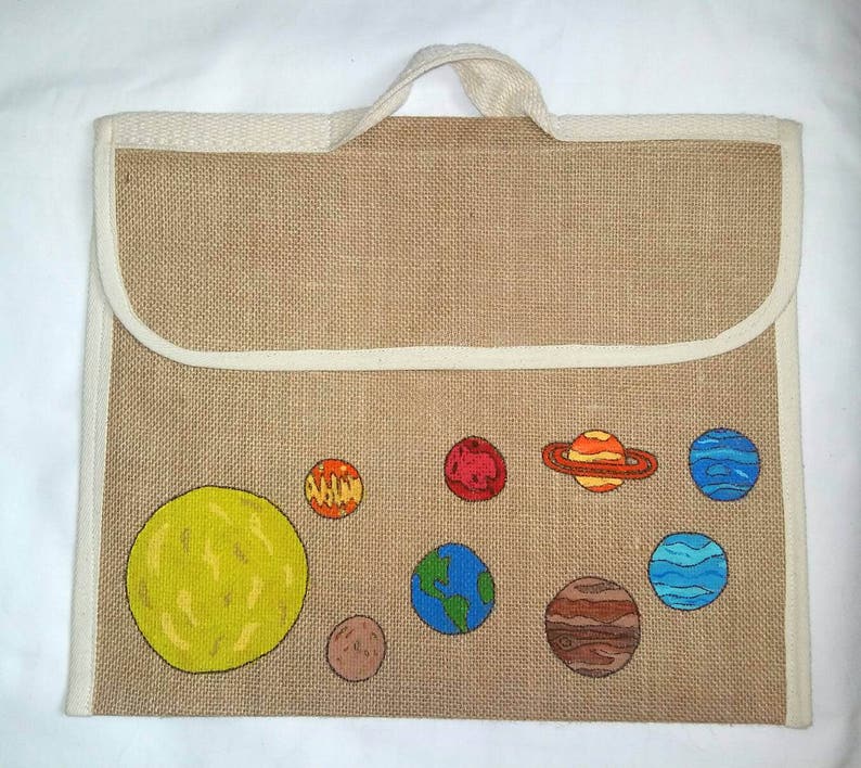 Space school book bag Girl space bag PERSONALISED SCHOOL BAG Primary school bag Eco friendly bag. Boy school bag Hand painted jute bag