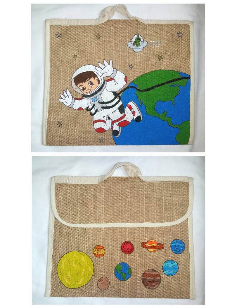 Space school book bag Girl space bag PERSONALISED SCHOOL BAG Primary school bag Eco friendly bag. Boy school bag Hand painted jute bag