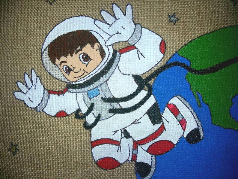 Space school book bag Girl space bag PERSONALISED SCHOOL BAG Primary school bag Eco friendly bag. Boy school bag Hand painted jute bag