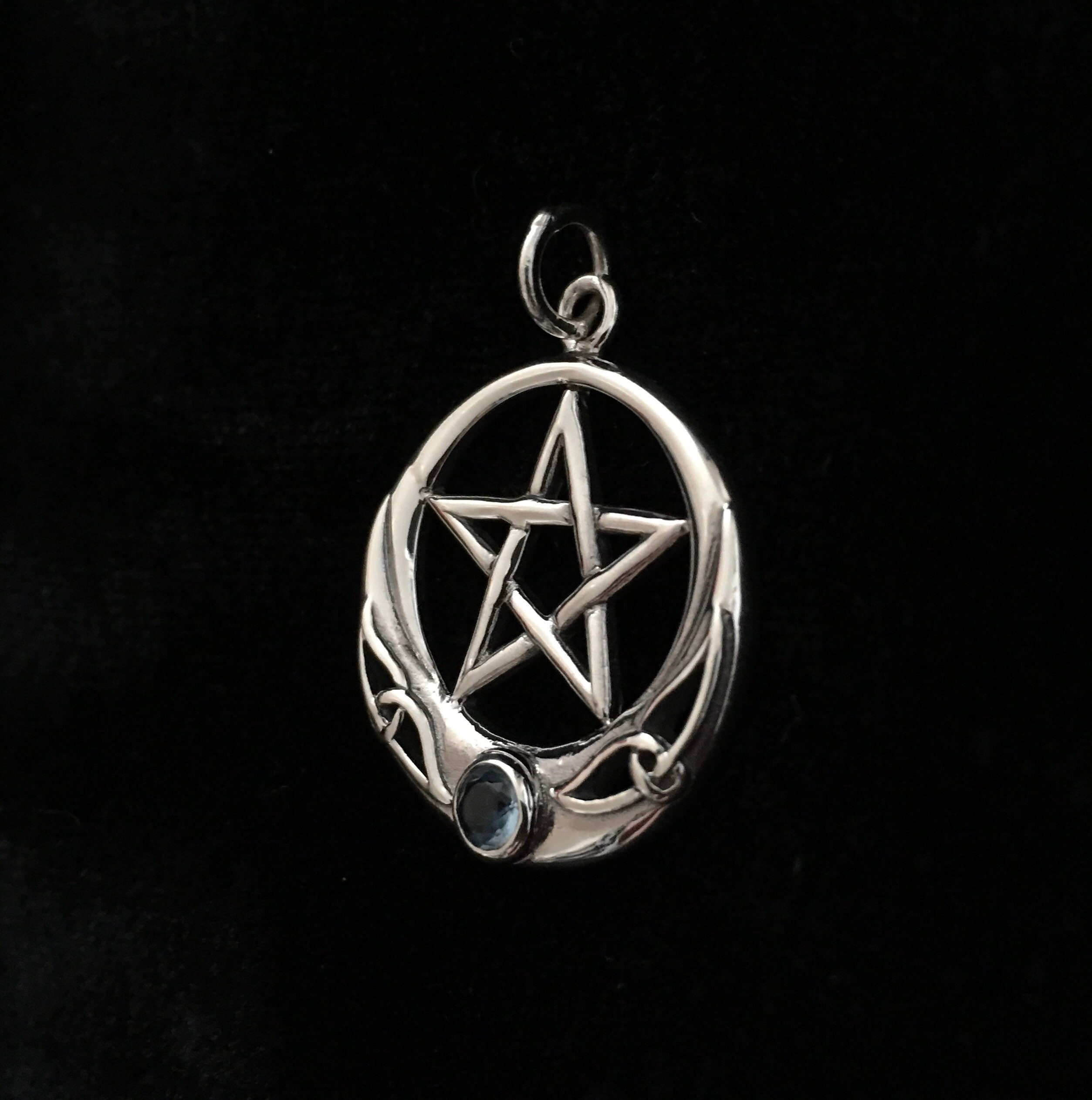 Sterling Silver 925 Pentagram Pendant with Aqua Glass Stone. Etsy