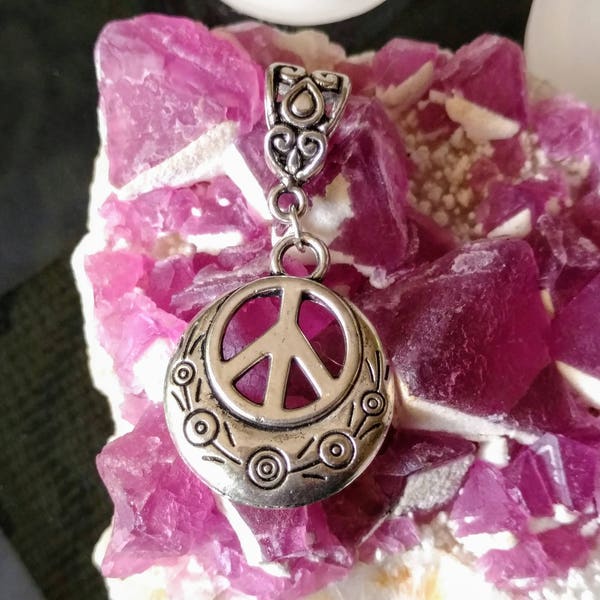 Peace Sign Ornate Pewter Pendant with symbols Tibetan Silver Charm Necklace