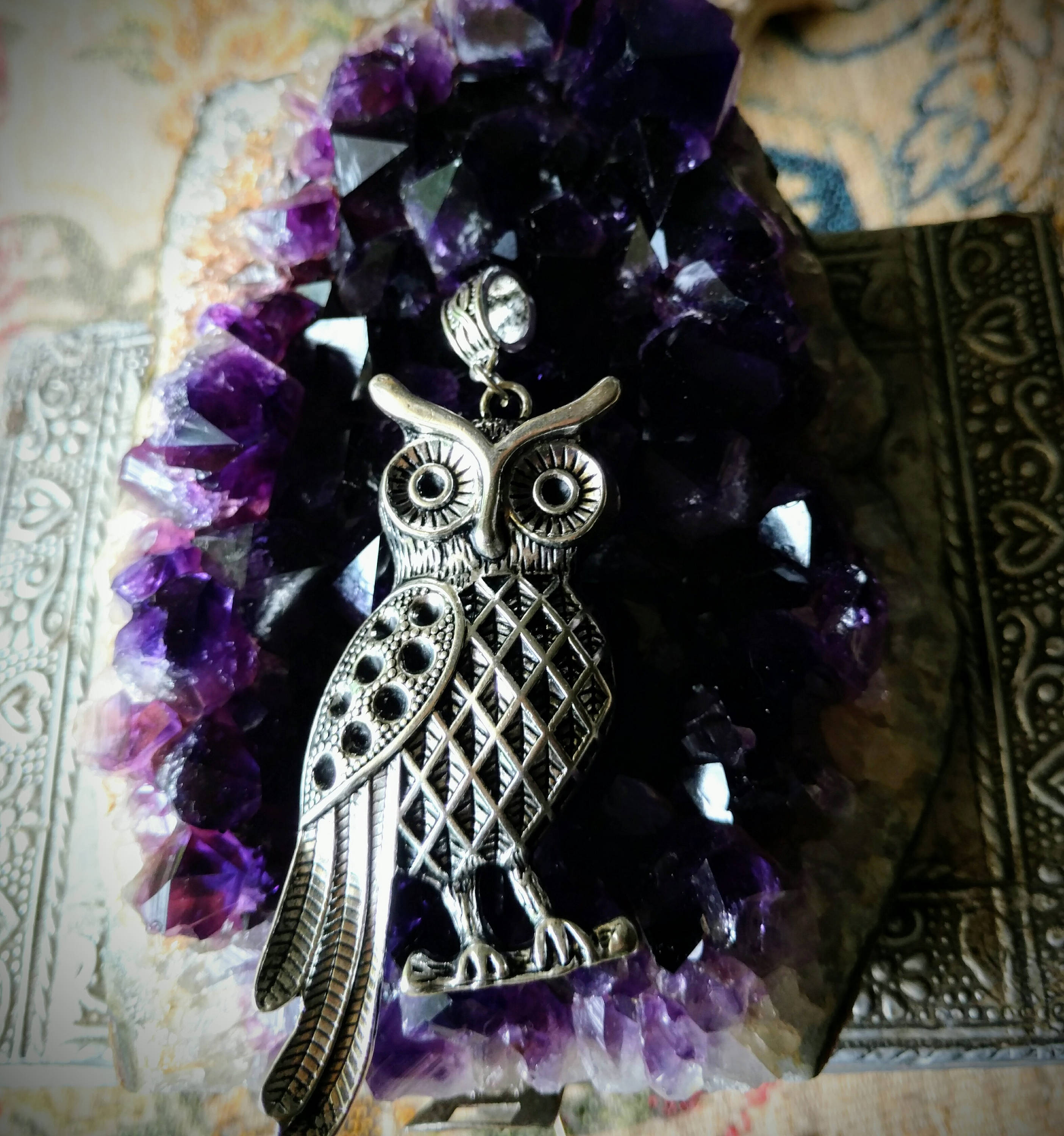 Owl Pewter Pendant Large Wise Tibetan Silver Charm Necklace Large