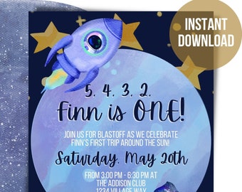 Watercolor Space Birthday Invitation Template | Toddler / Kids Astronaut Birthday Invitation | Instant Download Birthday Invite Template |