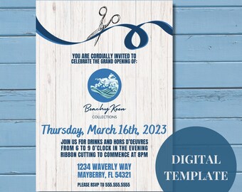 Ribbon Cutting Ceremony Invitation Template | Grand Opening and Grand Re-Opening Invite Template | Beachy Invites | New Company Party Invite