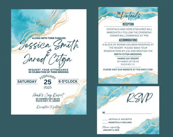 Watercolor Wedding Invitation Suite | Instant Template Download - Edit Using Canva | Teal and Gold Geode Watercolor | Beachy Wedding
