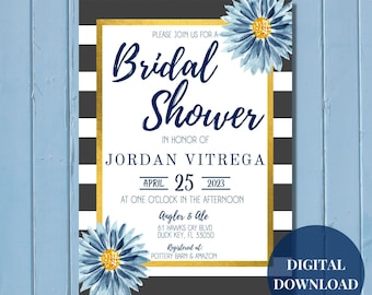 Bold Stripe Floral Bridal Shower Invitation for the Bride-to-Be | Watercolor Floral Invitation | Edgy and Feminine Shower Invitation