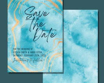 Watercolor Wedding Suite - SAVE THE DATE | Instant Template Download - Edit Using Canva | Teal and Gold Geode Watercolor | Beachy Wedding