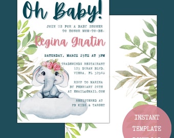Watercolor Elephant Baby Shower Invitation Template | Baby Shower Invitation | Instant Download Baby Shower Template | Baby Girl Baby Shower